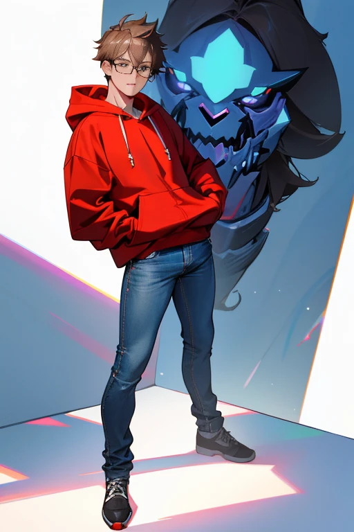 (Male), ((standing up straight)) , looking at viewer , big chest , day, , sensual, detailed, uploaded to e621, beautiful and detailed portrait of an white male with glasses light brown hair and a red hoodie and blue jeans , (((male))) uploaded to e621, zaush, foxovh, movie lighting, thicc, alone, detailed, 8k res, hires, detailed eyes, good anatomy, normal view , towards viewer, by bebebebebe, by sicklyhypnos, by gerkk, by orf, nice hands, perfect hands, happy, romantic, ray tracing lighting, rtx on,  best quality, masterpiece, perfect anatomy, detailed picture)),white background, all white background 