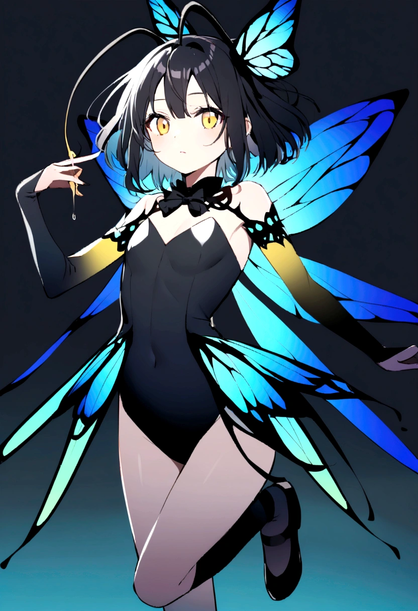 butterfly fairy girl, black hair, yellow eyes, 2 butterfly antennae on her head, blue wings with black edges, wearing tight black swimsuit-like clothes, black shoes with black bow.