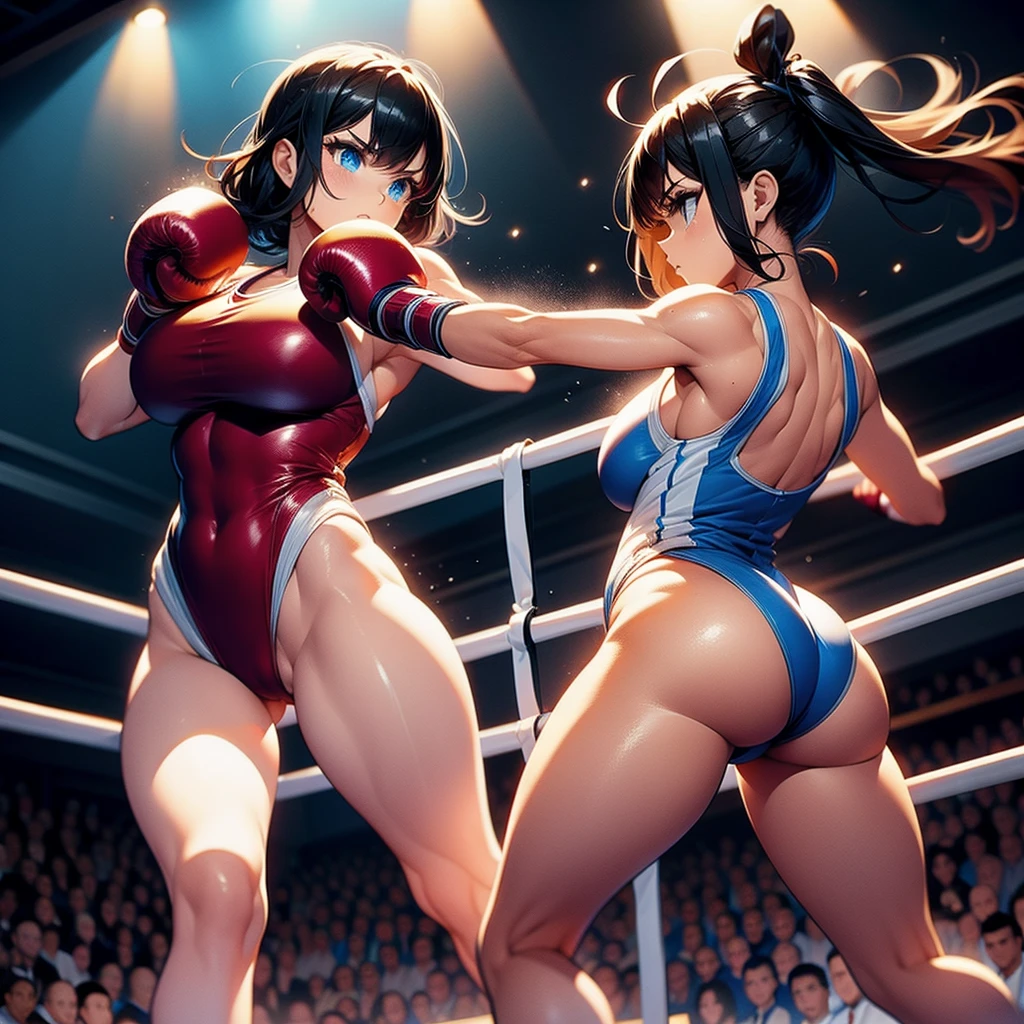Fullbody shot , Wear Leotard , Female boxing , huge breasts.