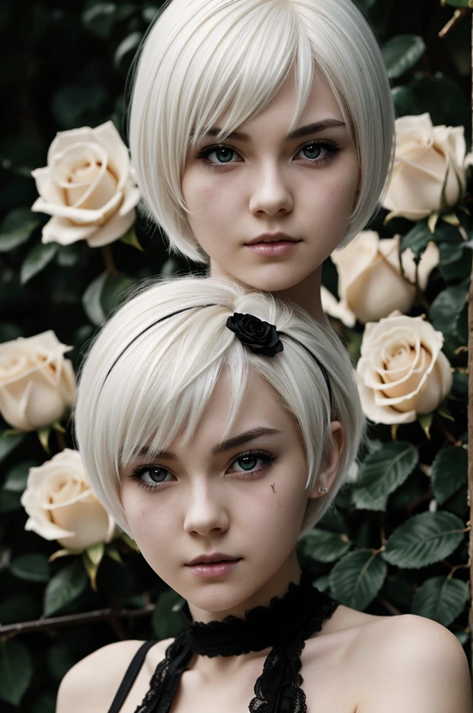 an anime girl, pale skinned waifu with short white hair and bangs along with a black rose accessory in her hair and serious expression with black eyes, scars on her body and black bare clothing with a large bust