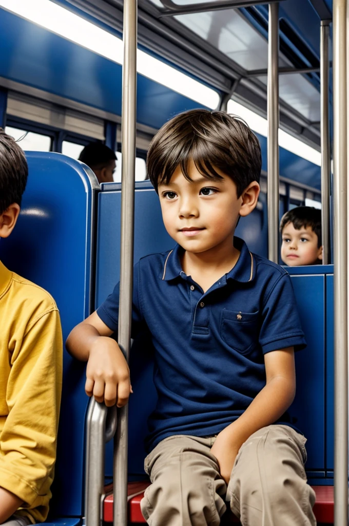 6 year old boy sitting on a train carriage next to a young man
