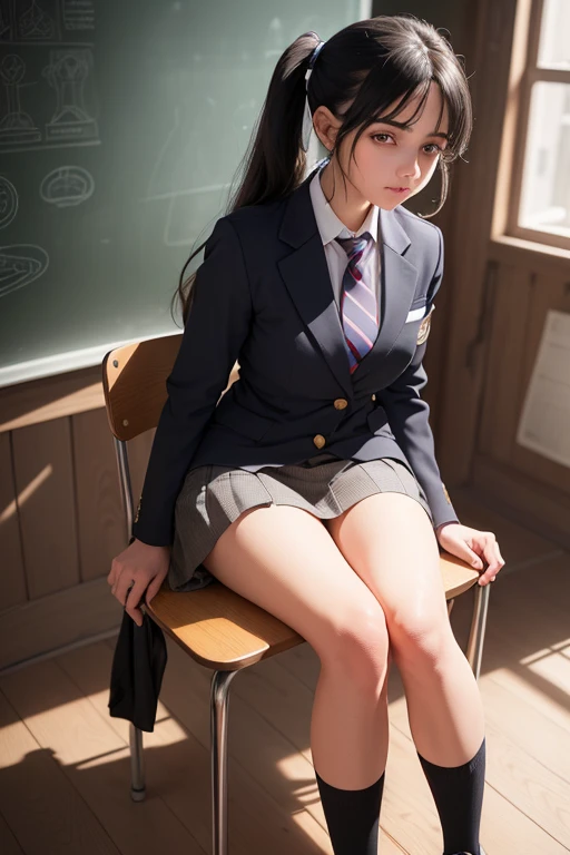 ((best quality), (hyper realistic), mh-yk, 1 girl, alone, black hair, brown eyes, long hair, wearing a private university uniform, blue blazer style with buttons, tie and tight skirt followed by socks up to knee,, big,, twintails, plein-air, hair rings, looking at the viewer, university anatomy club scene, sitting on a chair, sweet look,inside a closed room with a blackboard behind full of drawings of the human body