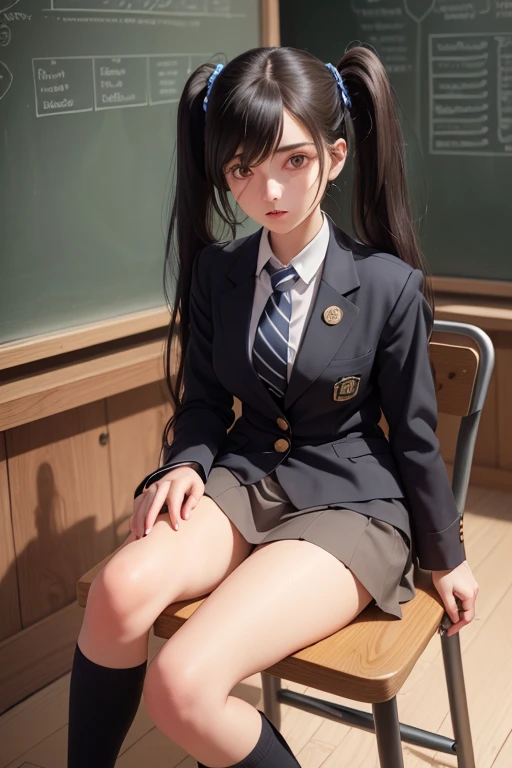 ((best quality), (hyper realistic), mh-yk, 1 girl, alone, black hair, brown eyes, long hair, wearing a private university uniform, blue blazer style with buttons, tie and tight skirt followed by socks up to knee,, big,, twintails, plein-air, hair rings, looking at the viewer, university anatomy club scene, sitting on a chair, sweet look,inside a closed room with a blackboard behind full of drawings of the human body 