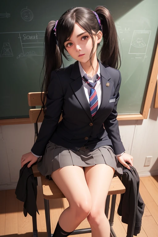 ((best quality), (hyper realistic), mh-yk, 1 girl, alone, black hair, brown eyes, long hair, wearing a private university uniform, blue blazer style with buttons, tie and tight skirt followed by socks up to knee,, big,, twintails, plein-air, hair rings, looking at the viewer, university anatomy club scene, sitting on a chair, sweet look,inside a closed room with a blackboard behind full of drawings of the human body