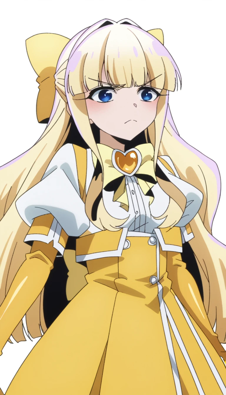 score_9, score_8_up, source_anime,kaoruko tenkawa, long hair, blue eyes, blonde hair, bow, hair bow, yellow bow,マイクロビキニ,1girl,shiny skin,ラテックス,white background