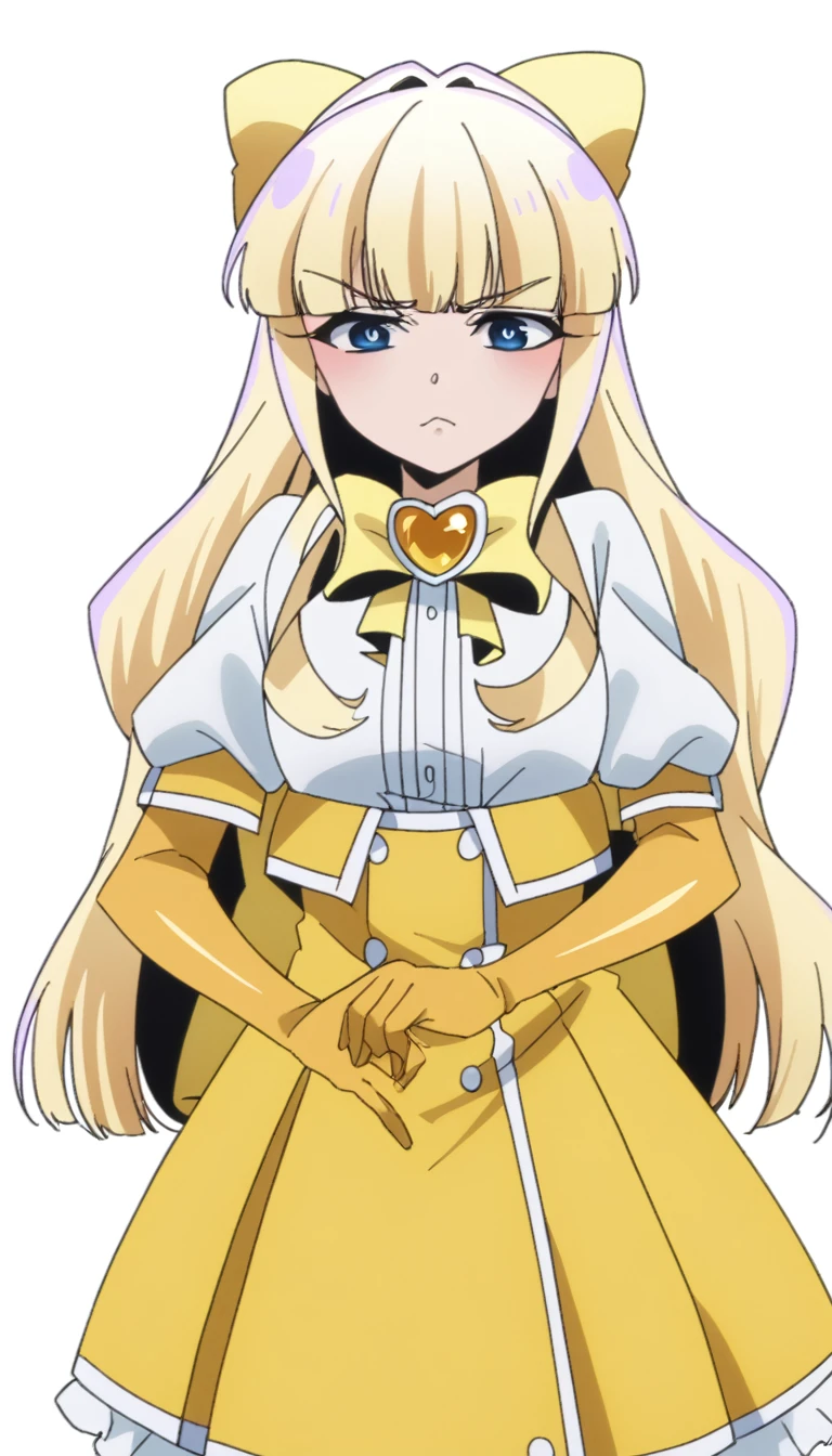score_9, score_8_up, source_anime,kaoruko tenkawa, long hair, blue eyes, blonde hair, bow, hair bow, yellow bow,マイクロビキニ,1girl,shiny skin,ラテックス,white background