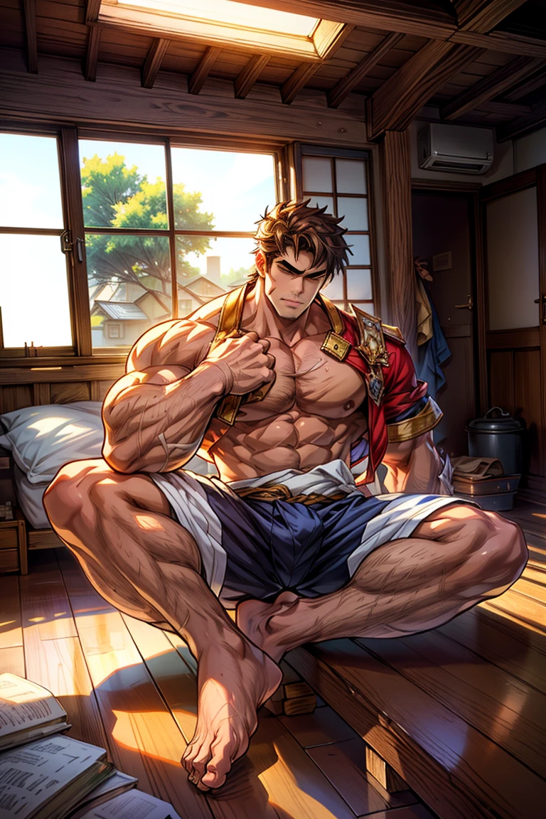 (barefoot)，(barefoot)，(Long legss )，Bigfoot,(whole body),(Long legs )，(He was wearing baggy shorts，Revealing his length, muscular的腿)，Interior background with vintage furniture and retro wooden floor，Surrounded by paleopods),(For the audience) ，(Put his hands on his waist)， (Focus on your audience) ，(There is a huge bulge in the area)，From the perspective of an outsider:Man sitting on the ground in a side-lying position，The upper body is tilted to the right of the picture，Legs extended to the left of the picture，The upper left part of the picture is a panoramic floor-to-ceiling window，(Dark brown hair)，(Clean face，No beard)，Broad shoulders，Muscles protrude a lot，The crotch is bulging，(Long legss)，Highest image quality，Japanese cartoons ，Anime Wallpaper，Chest muscle expansion,(,best quality)，((Exaggerated muscle bulge))，There is a dense forest outside the window，muscular and bulky, muscular characters, Awesome and cool, tall and muscular, muscular!!, Very strong, muscular attractive men, Huge muscles, Big Muscle, Muscle Man, Anime handsome man, muscular!, Giant muscles, muscular bodies, muscular character，Small head for body size，(Long legs)，Touch the ground with your foot and stretch to the left，Lean back，Lazy gesture，Behind is a panoramic floor-to-ceiling window