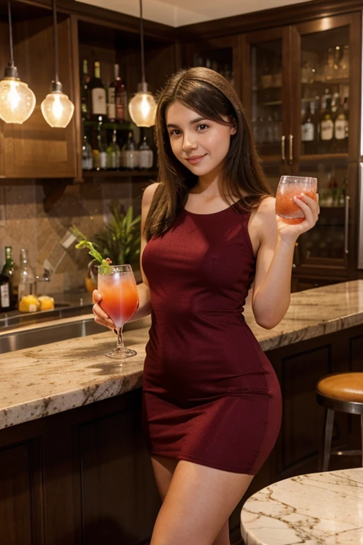 A cute short 18-year-old woman wearing a tight cocktail dress