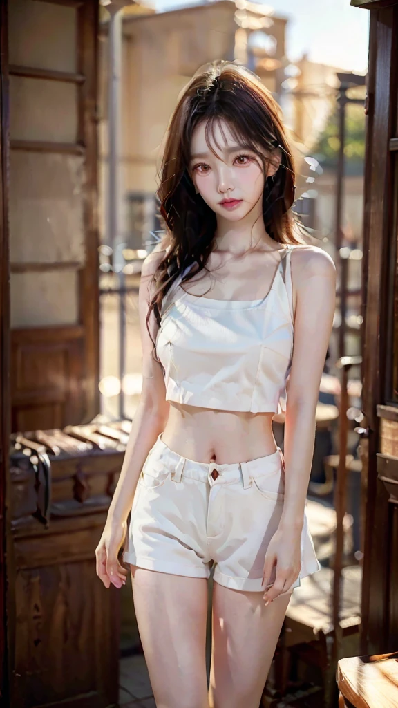 1 pretty young woman 19 years old, ((chest, หัวBig tits)), ((chestที่มีขนาดใหญ่มาก)), ((large breasts)), Daytime, ((chestใหญ่ทรงสวย)), ((Height 180 cm.)), ((chestใหญ่)), slim, Absolutely perfect, sunlight, Very beautiful figure (well defined abdomen: 1.1), (perfect body: 1.1), (face details:1.2), (short wavy hair: 1.2), white hair, full body photo, ((Details of beautiful, slender legs)),((The best skin quality)),((รายละเอียดหุ่นที่Absolutely perfect)),((chestอกที่มีขนาดใหญ่มาก)), ((realism)), Busy streets, Wear a white vest., ((Tight Shorts)), ((วอลล์เปเปอร์ CG 8k ที่very detailed)), (Very delicate and beautiful), ((Masterpiece)), ((quality studio)), Big tits, (best quality: 1.0), (ultra-high resolution: 1.0), beautiful light, perfect lightning, realistic shadows, [high resolution], Sensitive skin, very detailed, (Charming smile), sexually, ((sexy girl))