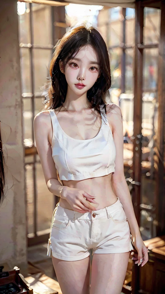 1 pretty young woman 19 years old, ((chest, หัวBig tits)), ((chestที่มีขนาดใหญ่มาก)), ((large breasts)), Daytime, ((chestใหญ่ทรงสวย)), ((Height 180 cm.)), ((chestใหญ่)), slim, Absolutely perfect, sunlight, Very beautiful figure (well defined abdomen: 1.1), (perfect body: 1.1), (face details:1.2), (short wavy hair: 1.2), white hair, full body photo, ((Details of beautiful, slender legs)),((The best skin quality)),((รายละเอียดหุ่นที่Absolutely perfect)),((chestอกที่มีขนาดใหญ่มาก)), ((realism)), Busy streets, Wear a white vest., ((Tight Shorts)), ((วอลล์เปเปอร์ CG 8k ที่very detailed)), (Very delicate and beautiful), ((Masterpiece)), ((quality studio)), Big tits, (best quality: 1.0), (ultra-high resolution: 1.0), beautiful light, perfect lightning, realistic shadows, [high resolution], Sensitive skin, very detailed, (Charming smile), sexually, ((sexy girl))