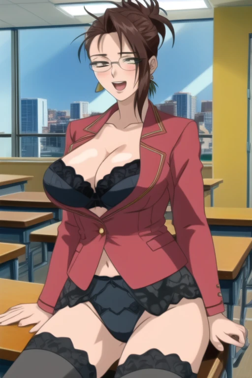 (high quality:1.1), Cinematic lighting, extremely detailed, blossom,
become extinct, mature woman, teacher, 1 girl, One, sitting on the table, window, cowboy shot,
Looking at the viewer, half-closed eyes, Seductive smile, blush, open mouth,
Brown hair, short hair, hair up, single hair appointment, green eyes, draw up, glasses, jewelry, earrings,
Costume with skirt, (Black Stockings:1.1), Lingerie,
big breasts, split, hips, long legs, panties intricate complex room background, day, Sun Ray, cityscape,