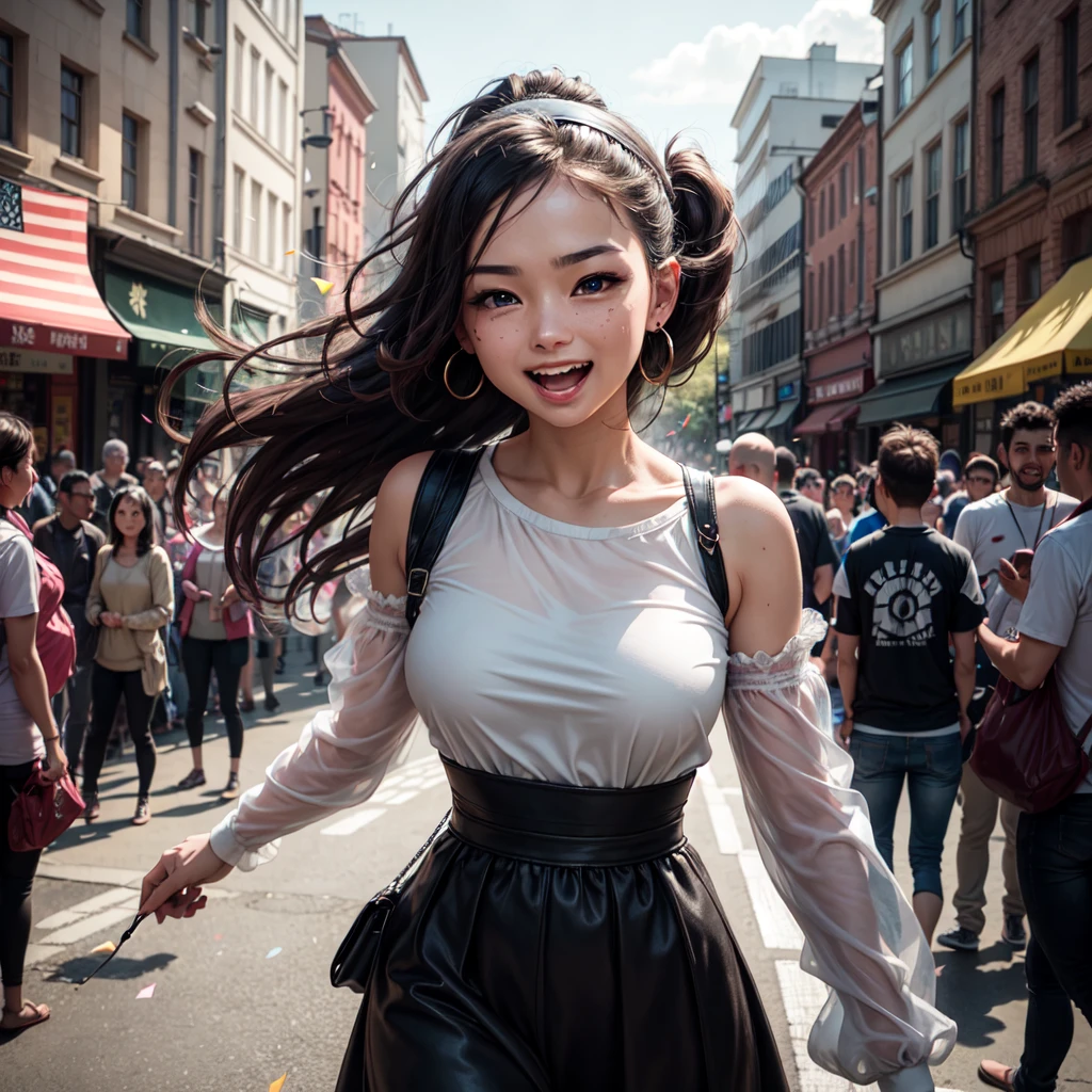 (8K, top-quality, ​masterpiece:1.2), highres, extremely detailed, very cute and beautiful girl, (highly detailed beautiful face and eyes), detailed eye, extremely detailed face and skin, mole near the lip, ultra-detailed, natural sunlight, 1 persons, 18 year old woman, detailed dark hair, hairband, pony tail hairstyle, small earrings, very happy face, japan , (braless:1.2), (laugh), festival in town street,(parade:1.2),(many people behind), flags, confetti in sky, outdoors, depth of field, cowboy shot, standing, dynamic pose, full body shoot, absurdres, intricate details, cinematic scene, detailed background, dynamic angle, hair fluttering in the wind