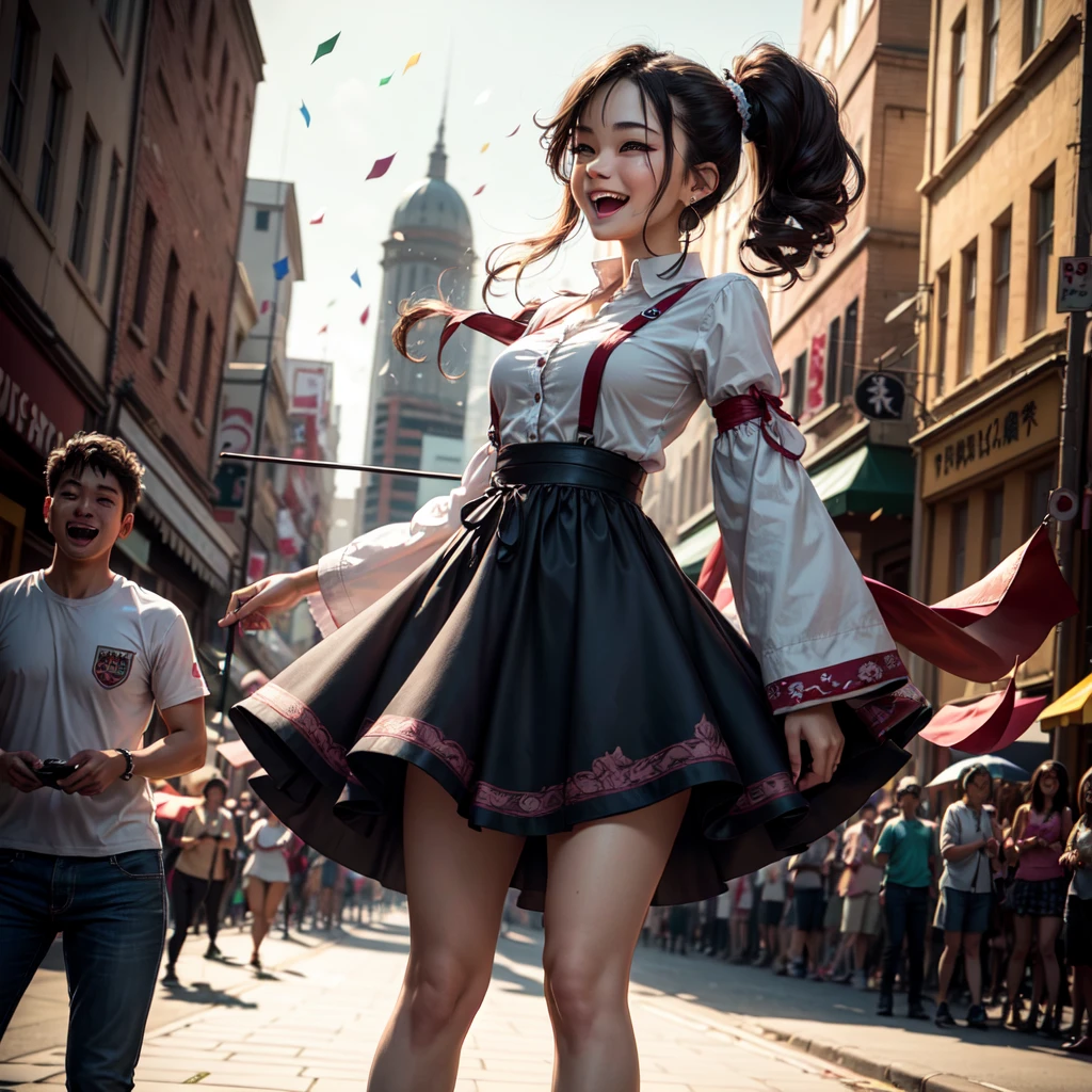 (8K, top-quality, masterpiece:1.2), highres, extremely detailed, very cute and beautiful girl, (highly detailed beautiful face and eyes), detailed eye, extremely detailed face and skin, mole near the lip, ultra-detailed, natural sunlight, 1 persons, 18 year old woman, detailed dark hair, hairband, pony tail hairstyle, small earrings, very happy face, japan , (braless:1.2), (laugh), festival in town street,(parade:1.2),(many people behind), flags, confetti in sky, outdoors, depth of field, cowboy shot, standing, dynamic pose, full body shoot, absurdres, intricate details, cinematic scene, detailed background, dynamic angle, hair fluttering in the wind