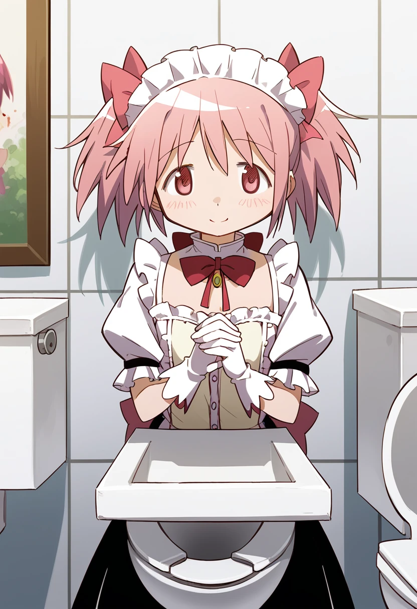 (beautiful lighting), (female focus), (standing:1.2),  madoka \(Puella Magi Madoka Magica\),1girl,short twintails, ((looking at the viewer)), (smile), {{maid}}, {pink hair}, 1girl, spiroast, {{kaname madoka}}, in a cold, dark public toilet {artist:yoneyama_mai}, {by misaka12003, stu dts} {artist:quasarcake}, {artist:ciloranko}, {oil painting}, realistic, gradient, best quality, amazing quality, very aesthetic, absurdres, best quality, amazing quality, very aesthetic, absurdres