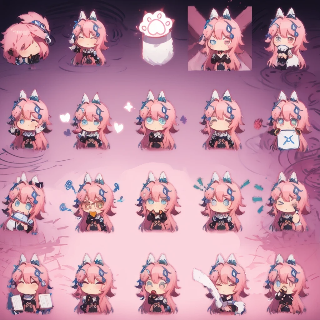 anime foxgirl with pink hair and white dress holding a cat, cute anime foxgirl, anime girl with fox ears, chibi, upper body, big head, laugh, and character traits, 9 emojis, 9 emotions, Grieves, astonishment, having fun, sound sleep, big laughter, irate, doubt, Sell moe, angry
