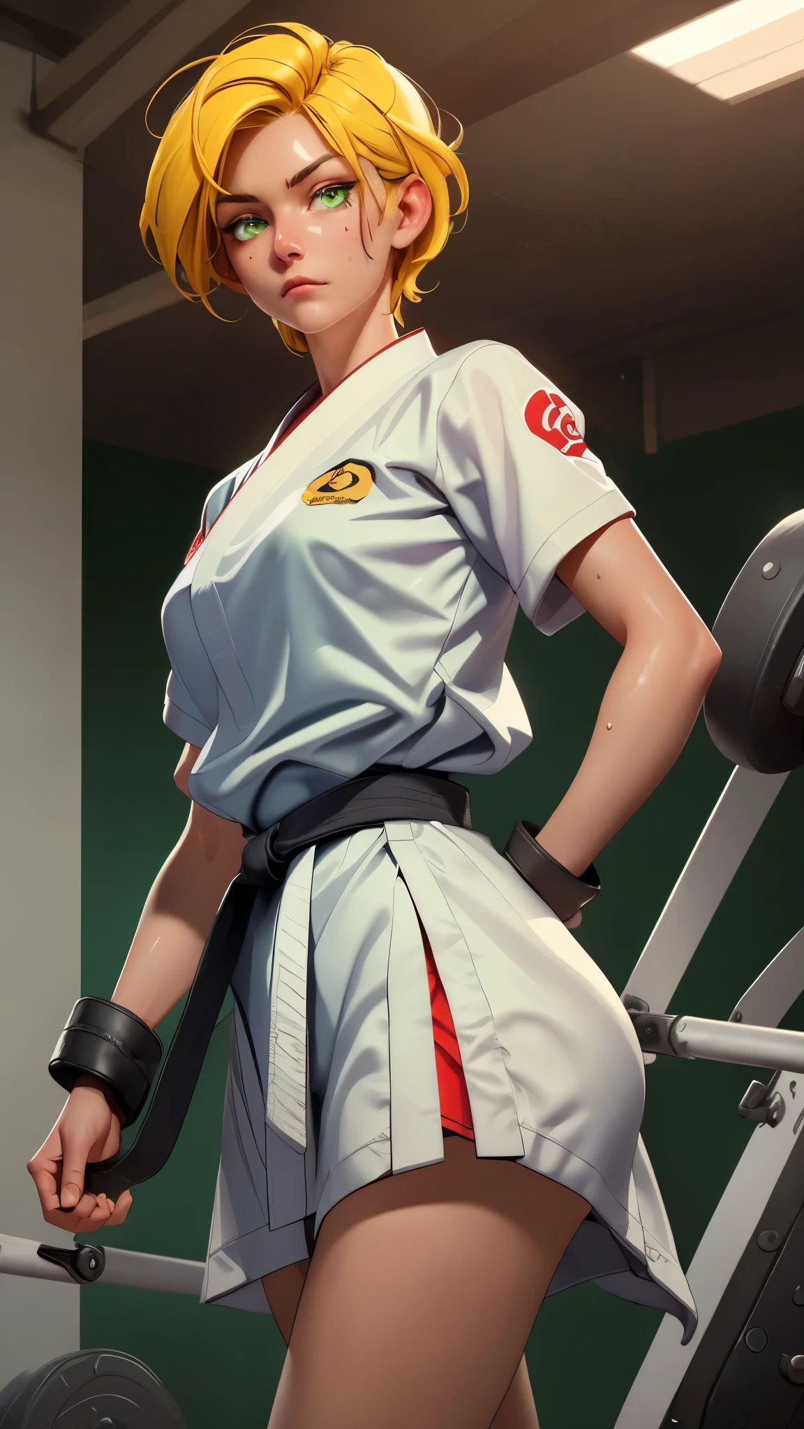 ((((masterpiece, best quality, high resolution)))), Extremely detailed 8K, 1 female, wearing a white Karate gi, (Ultra HD, Ultra-detailed, Highly detailed, Highly realistic, Ultra-realistic, photograph realistic), (1girl:1.5), (Realistic yellow hair), (dynamic poses), facing at camera, looking at viewer, (slightly serious face), (green eyes, sharp eyes), (perky breasts:1.2), (beautiful detailed face, beautiful detailed eyes), ((worn out karate gi)), (preparing for a fight), sweat, glow, (sunbeam, sunlight), ((cowboy shot)), inside a training gym, seductive, EnvyBetterHands LoCon,