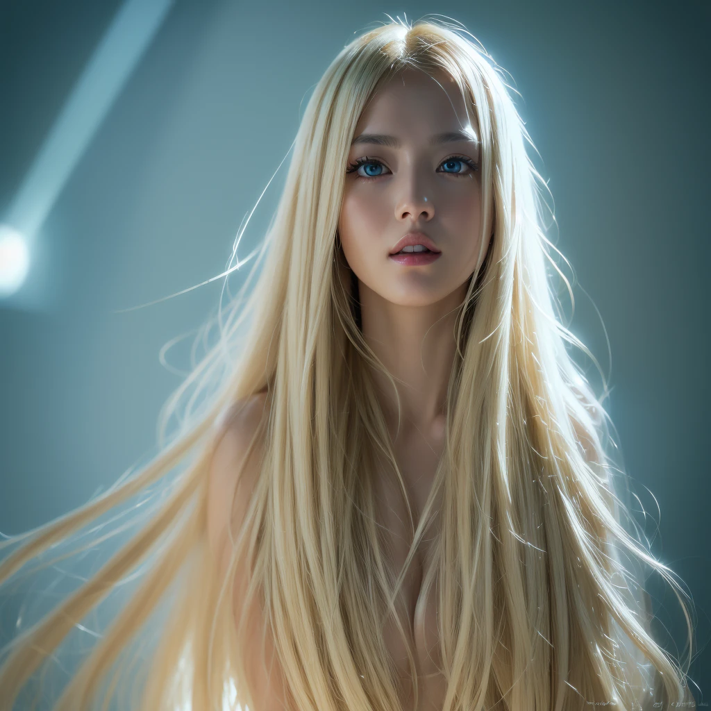 smile、Dressed, (photo Realistic:1.4), (hyper Realistic:1.4), (Realistic:1.3), (Smoother lighting:1.05), (Improving the lighting quality of movies:0.9), 32k, Age 24, alone, Super Long Straight Blonde Hair, Super long blonde hair that reaches down to the feet、huge , View your viewers, ((Super long shiny and bright blonde hair))、whole bodyに絡みつく超ロングヘアー、Super long hair that clings to the body、Very beautiful blue eyes and messy bangs between the eyes、White skin、Shining Young々Beautiful skin、Glowing Skin、Gloss Face、Cheek gloss、Cheek highlight、Bare shoulders, gem, whole body, (Highly detailed 8K wallpapers), Soft lighting, high quality, Film Grain, Fujifilm XT3 Sharp Focus, 5 ....6, Attention to detail, Sharp focus,(Natural light), (Big Plans:1.2), (Fascinating), Off-the-shoulder T-shirt, Realistic, Sexy、beautiful big white and pale blue eyes、Very big eyes、eyeliner、 (Enhance the mood of your body line:1.1), (Enhances the beauty of skin texture:1.1)、