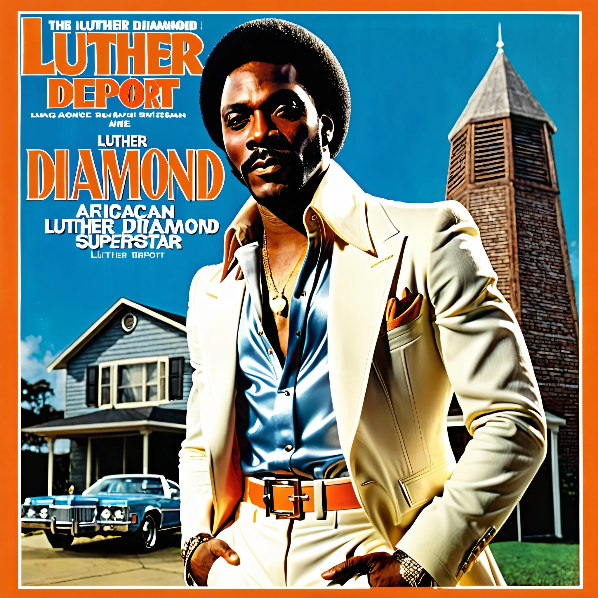 Create a 1970s vinyl album cover for an african-american male r&b superstar named "Luther Diamond". The name of the album is called "Home Depot".
