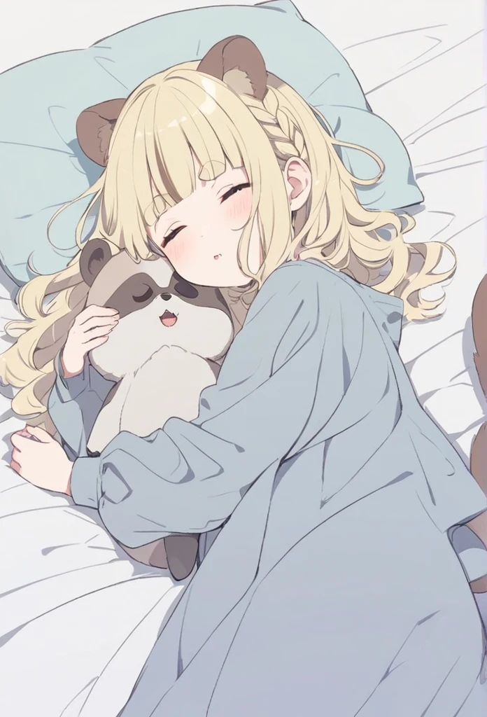 anime,(pale colors:1.8),long shot, 1girl, solo, (on right:1.3), full body, solo, sleeping, lying one's back on bed, holding animal stuffed toy, pillow, closed eyes, fang, light yellow hair, racoon ears, racoon tail, (brown streaked hair:1.3), side braid, (blunt bangs), wavy hair,thick eyebrows, pajamas, night cap, bed background,