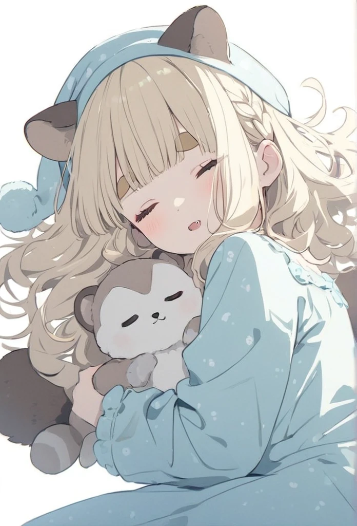 anime,(pale colors:1.8),long shot, 1girl, solo, (on right:1.3), full body, solo, sleeping, lying one's back on bed, holding animal stuffed toy, pillow, closed eyes, fang, light yellow hair, racoon ears, racoon tail, (brown streaked hair:1.3), side braid, (blunt bangs), wavy hair,thick eyebrows, pajamas, night cap, bed background,