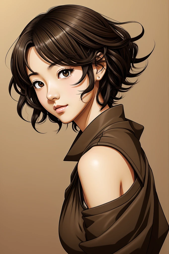 Drawn anime waifu japanese art style girl 1.55 meters tall, short curly hair above her shoulders, light brown skin and black eyes