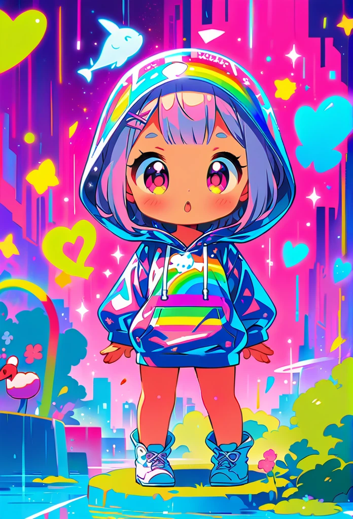 (Super cute Q version baby girl Rem standing in the rain in a clear plastic hoodie:1.4), Rainbow color illustration, magically glowing, Shiny and colorful, hologram, By Yumi, anime art wallpaper 8k, Gurwitz-style artwork, Anime Art Wallpaper 4k, anime art wallpaper 4k, Beautiful anime artwork, digital animation art, Gurwitz,(Full body female love:1.5)