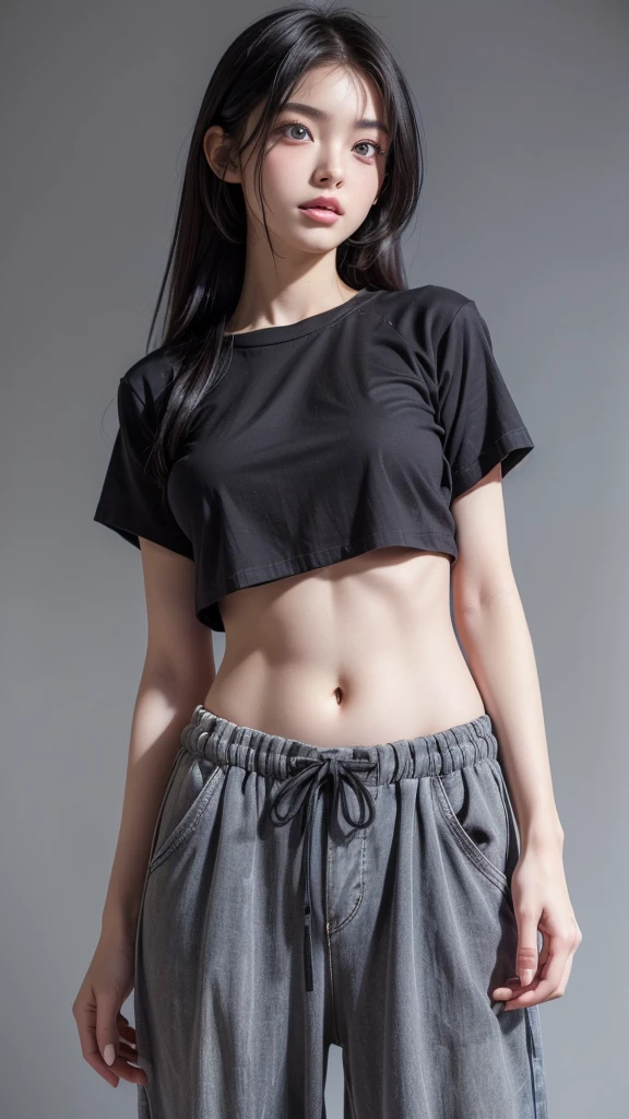 enlargement, (japanese cartoon movies:1.3), (whole body, fashion portrait:1.6), very detailed, beautiful, masterpiece, best quality, _ break (1 woman:1.2), 22 years old, 160cm, Cute model from Japan, Tightened whole body, (big bust:1.3), small head, small face, diamond face, small nose, Sharp face line, young hands and fingers, beautiful hands and fingers, five fingers, _ break (shiny lips:1.3), (brightly colored lips, half open mouth, beautiful Teeth:1.2), (droopy eyes, double eyelid, blue eyes:1.), _ break (arranged hairstyles:1.3), (black hair:1.3), _ break (gray background:1.4), Fog, Fog, _ break (cowboy shot, from below:1.4), (standing:1.6), (sexy, fashion model pose:1.6),  break (ultra Soft fabric oversize baggy t-shirt:1.3), (large, short, baggy:1.4), (non-compressed hem, large hem:1.6), black body paint, (1/4 short Length:1.4), (black low rise pants:1.4), (NSFW:1.4),