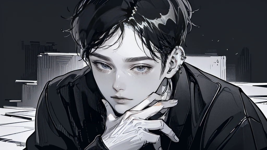 (4K works))、masterpiece、(top-quality)、((Black cityscape background))、Indonesian Male、Adult male、((Adult 30 years old))、((Adult uncle type))、((Leather Jeans Style))、Cool Men、tall、((Wild features))、((Wild look))、((angry expressions))、((Long sleeve long trouser style))、((Diamond face))、((Thin Almond eyes))、Slim body、(((short-haired)))、((Shot alone))、((Solo Photography))、Professional Photos、((He is in front of the viewer))、((Monochrome photography))、((Upper body photography))、((Wear a lot of piercings))、((Piercing on the lips))、((Tongue piercing))、((Icon Photo))、((Sick Boyine Boys))、((sassy pose))