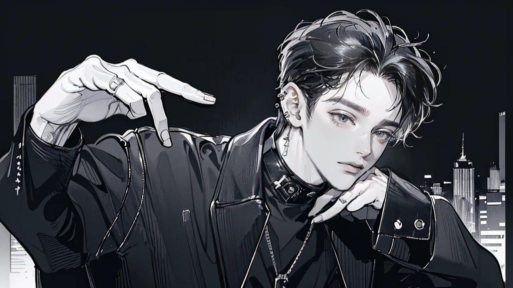 (4K works))、masterpiece、(top-quality)、((Black cityscape background))、Indonesian Male、Adult male、((Adult 30 years old))、((Adult uncle type))、((Leather Jeans Style))、Cool Men、tall、((Wild features))、((Wild look))、((angry expressions))、((Long sleeve long trouser style))、((Diamond face))、((Thin Almond eyes))、Slim body、(((short-haired)))、((Shot alone))、((Solo Photography))、Professional Photos、((He is in front of the viewer))、((Monochrome photography))、((Upper body photography))、((Wear a lot of piercings))、((Piercing on the lips))、((Tongue piercing))、((Icon Photo))、((Sick Boyine Boys))、((sassy pose))