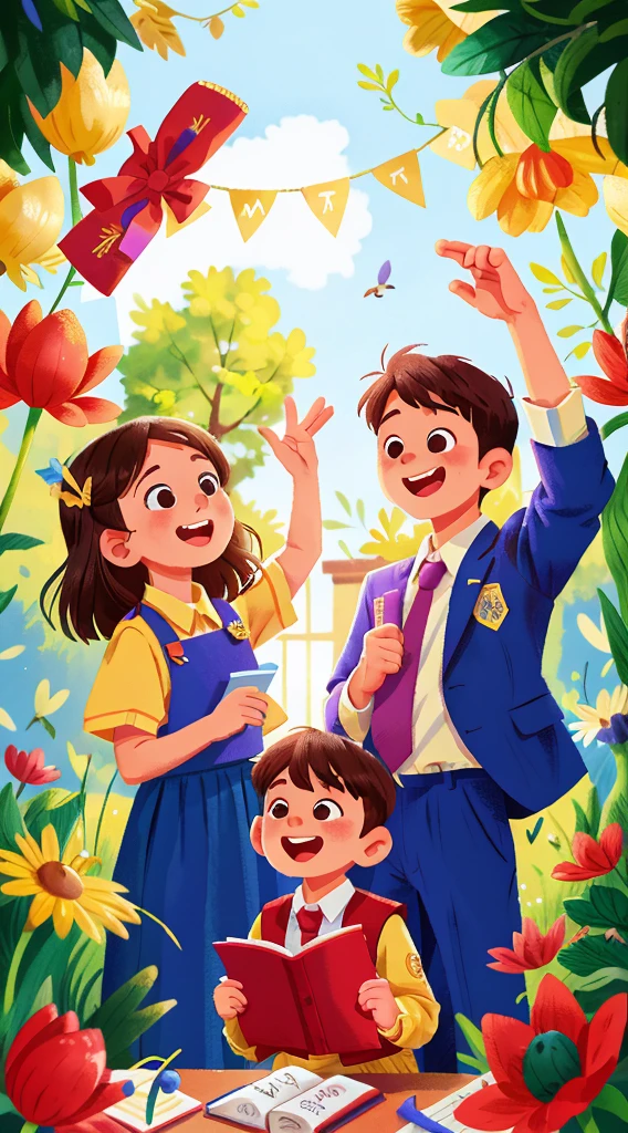 The innocent and handsome man happily celebrates graduation with the beautiful girl at the school graduation ceremony.