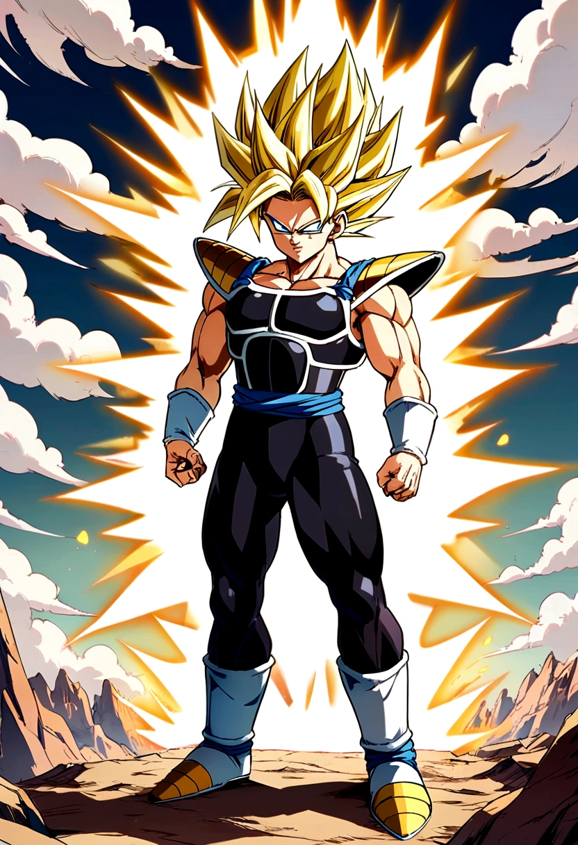 Super Saiyan, Male, Yellow hair, Blue eyes, saiyan armor, full body image