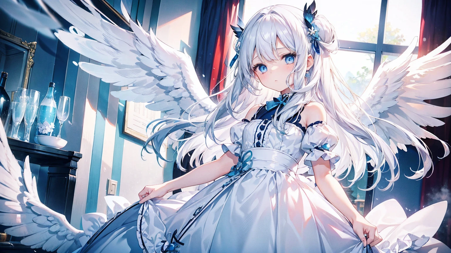 A pretty and cute girl with long white hair and blue eyes、、Angel wings on the back、With that confused look on his face, something seems a bit off.?I feel that、comical、White chiffon dress