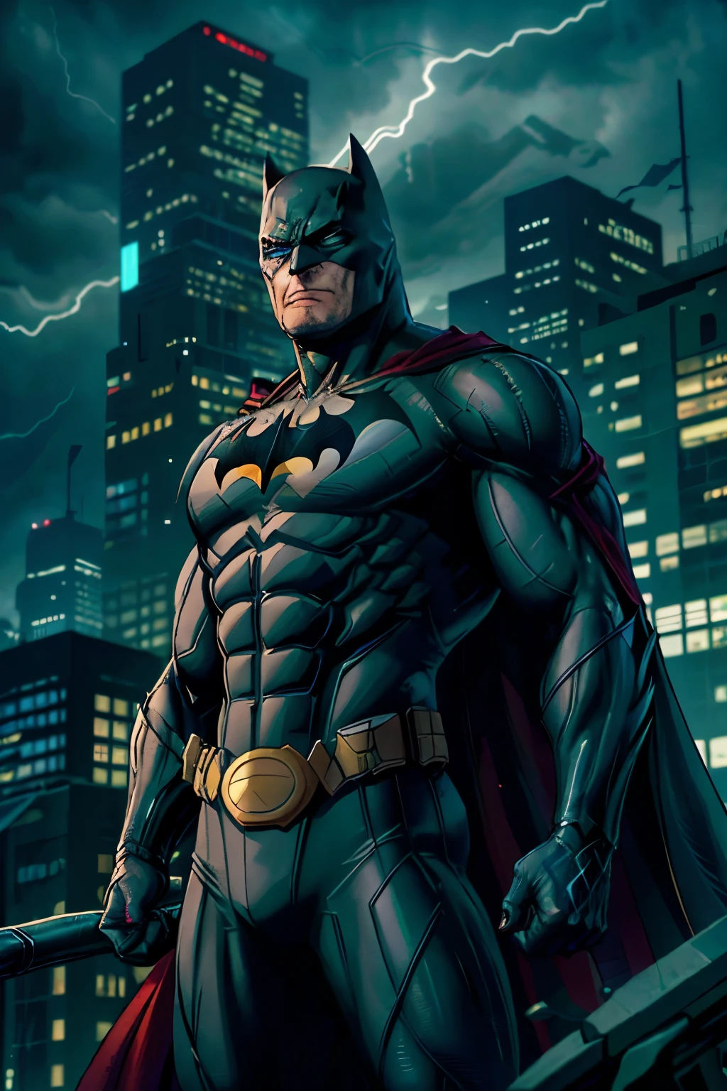 In the heart of a dystopian cityscape, where stormy skies loom ominously and shadowy structures stretch towards the heavens, a dark and bizarre superhero emerges. This enigmatic figure embodies the best of both worlds, inheriting the muscular build and iconic cape of Superman, yet bearing the brooding, intense expression characteristic of Batman. The fusion of these two legendary icons is further accentuated by his distinctive hybrid suit.
This suit is a testament to the synergy between technology and nature, combining the sleek, high-tech armor of Batman with aquatic elements. The suit is adorned with intricate scales that shimmer under