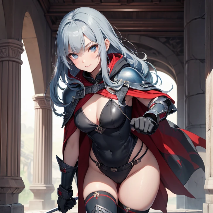 (Absurdres, best high quality, best detailed with gigh quality and very detailed features and textures) alonesolo character.
FemaleElfKid, pale skin, very short thick very messy blue blue hair, heterochromatic eyes, very thin lips, short body, flat chest, cute arms, cute legs, (full grey battle unitard, long full arm sleeves, thick grey gloves, long grey thick boots, black iron bell, red cloak), beautiful warrior kid, cute face, open smile, lovely, adorable and protective, cheerful and adventurer, feminine warrior, holding a huge blue claymore,
she is training in the temple,