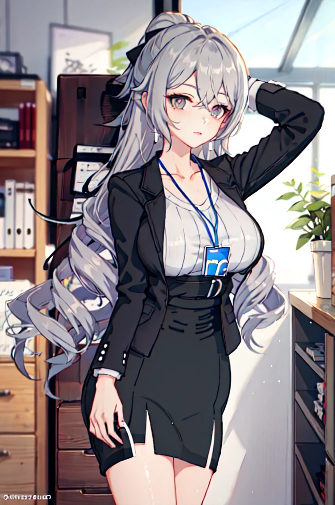 1 girl, Bronya OL, alone, pantyhose, pencil skirt, black jacket, ID card, Striped Shirt, bright, looking at the viewer, cowboy shot, put your hand on your waist, office, indoors, Depth of the bounds written, masterpiece