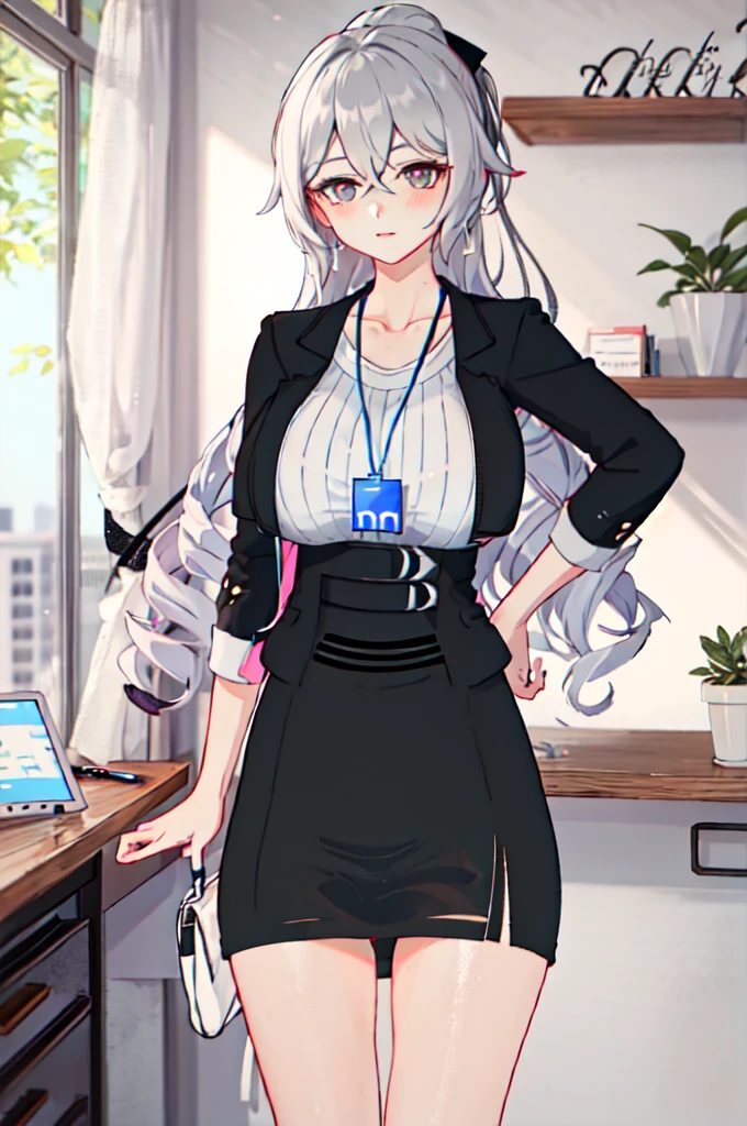 1 girl, Bronya OL, alone, pantyhose, pencil skirt, black jacket, ID card, Striped Shirt, bright, looking at the viewer, cowboy shot, put your hand on your waist, office, indoors, Depth of the bounds written, masterpiece
