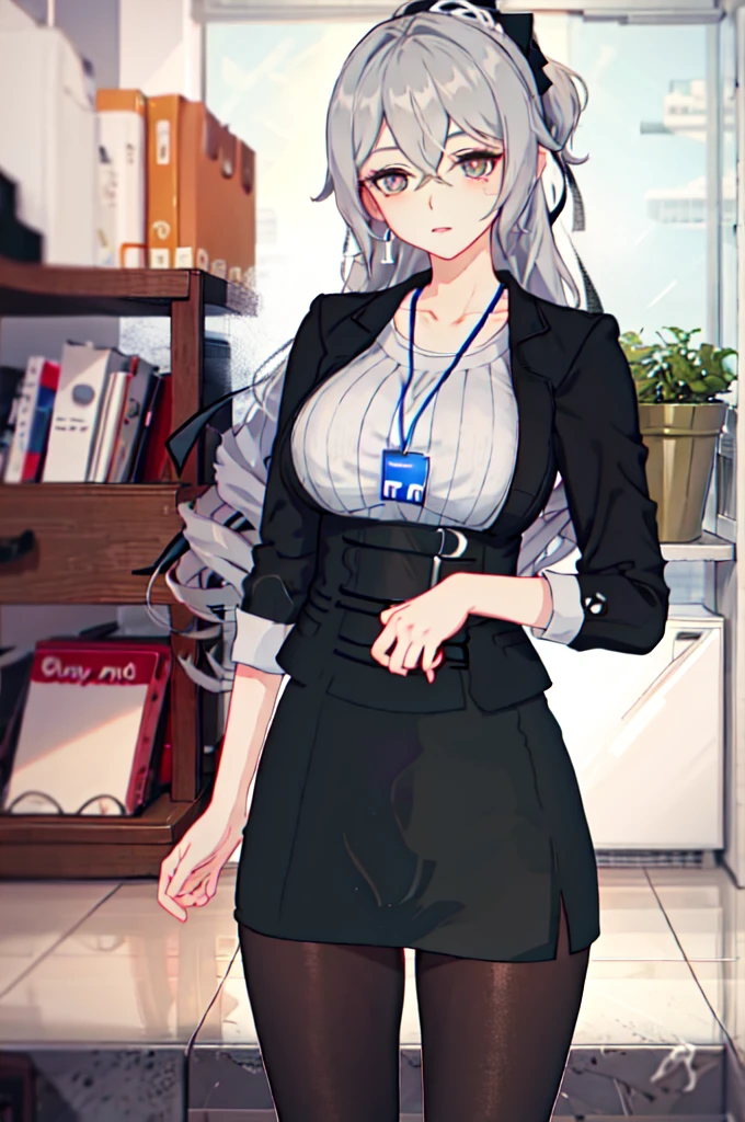 1 girl, Bronya OL, alone, pantyhose, pencil skirt, black jacket, ID card, Striped Shirt, bright, looking at the viewer, cowboy shot, put your hand on your waist, office, indoors, Depth of the bounds written, masterpiece