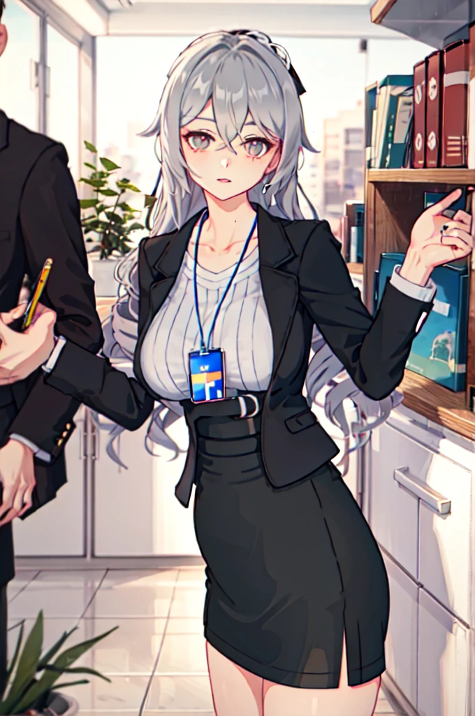 1 girl, Bronya OL, alone, pantyhose, pencil skirt, black jacket, ID card, Striped Shirt, bright, looking at the viewer, cowboy shot, put your hand on your waist, office, indoors, Depth of the bounds written, masterpiece