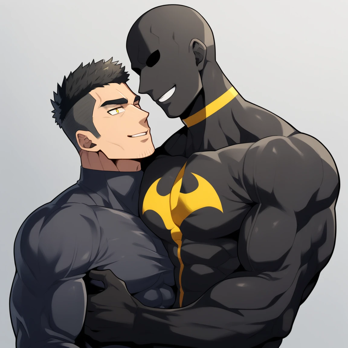 anime characters:Two superheroes in tights, Muscle Sports Student and Muscle No Face No Eyes skinhead superhero, No Face,negro black skin, They hugged and kissed each other, Bite your neck, Caress, Manliness, male focus, Yellow and black high collar long sleeve tight T-shirt, Slightly transparent material, Very tight, Round, full and perky chest muscles, Muscle waist, Slightly transparent, muscular male, muscular, only, Upper body, alone, Black short hair, Thick eyebrows, stubble, Yellow eyes, Grey background, simple background, amazing quality, best aesthetics, Ridiculous, bright pupils, crew cut, parted lips, seductive smile, torogao, naughty face, drop shadow, best quality