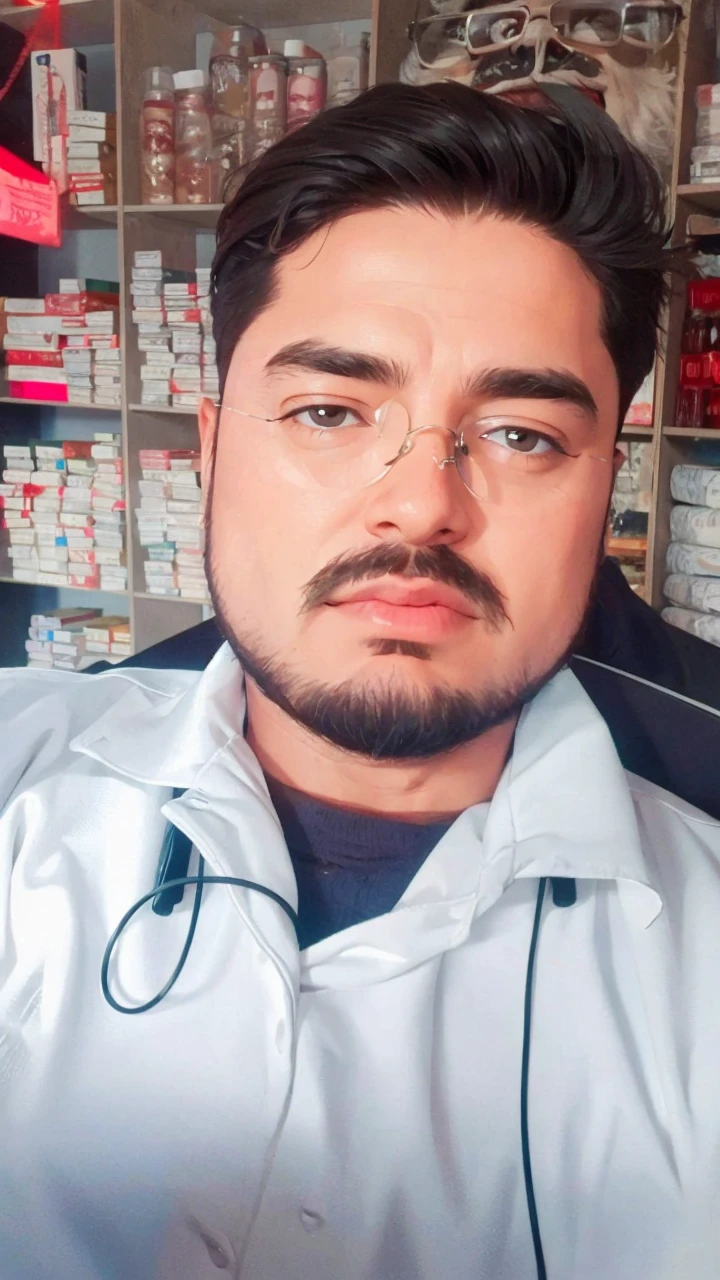Man with medium-length hair tied long with a medium-sized beard wearing glasses and a white coat sitting at a table smoking a pipe
