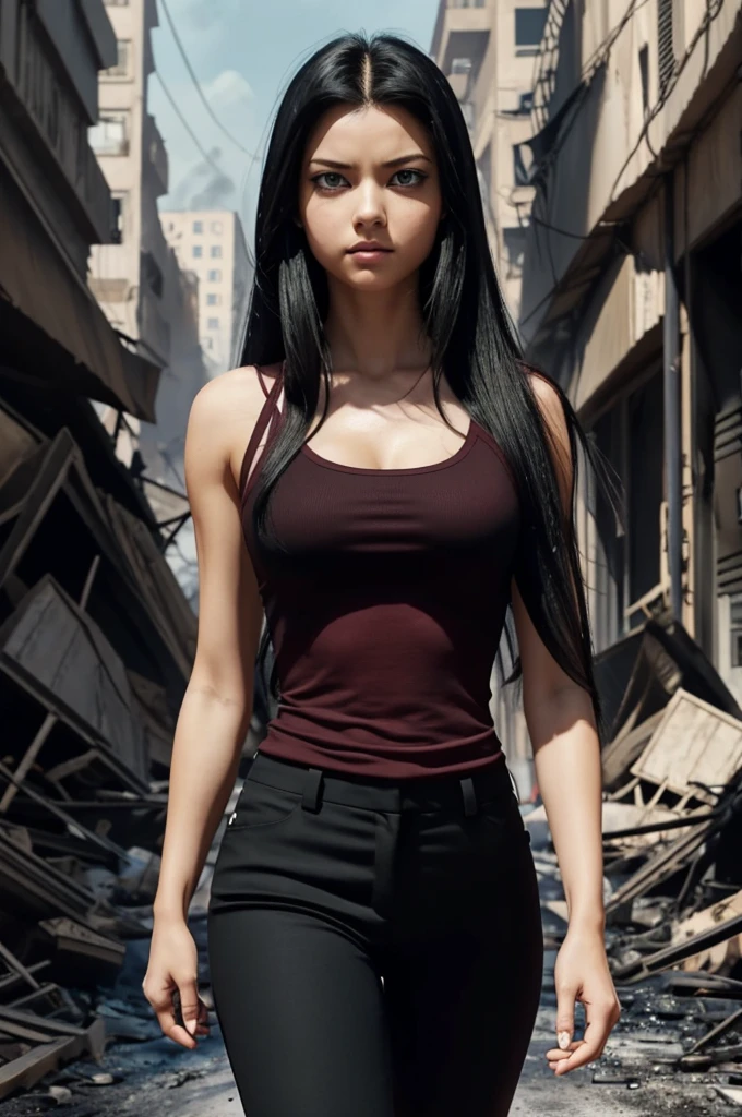 Screenshot of my hero academia.
beautiful woman.long straight dark hair.large eyes,dark red eyes.long eyelashes.resentful expression on his face.black suit with sleeveless or high-necked t-shirt.loose black pants.walking as she walks away from a burning city behind her