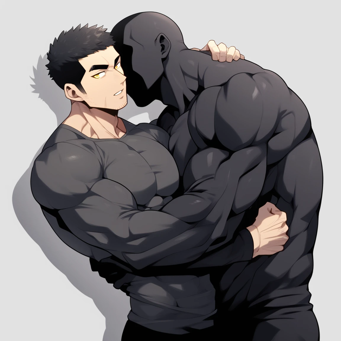 anime characters:Two superheroes in tights, Muscle Sports Student and Muscle No Face No Eyes skinhead superhero, No Face,negro black skin, They hugged and kissed each other, Bite your neck, Caress, Manliness, male focus, Yellow and black high collar long sleeve tight T-shirt, Slightly transparent material, Very tight, Round, full and perky chest muscles, Muscle waist, Slightly transparent, muscular male, muscular, only, Upper body, alone, Black short hair, Thick eyebrows, stubble, Yellow eyes, Grey background, simple background, amazing quality, best aesthetics, Ridiculous, bright pupils, crew cut, parted lips, seductive smile, torogao, naughty face, drop shadow, best quality