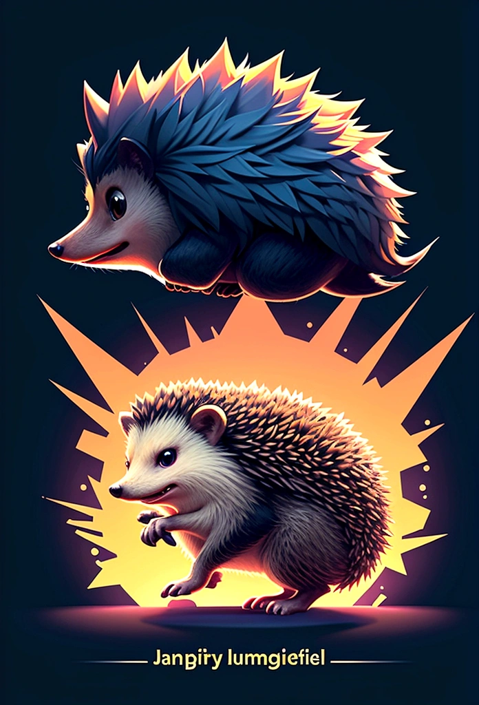 A jumping hedgehog，Side view，Game UI asset design，Game 2D Icon，Logo，Skill Icon，Dark background，Basic Background