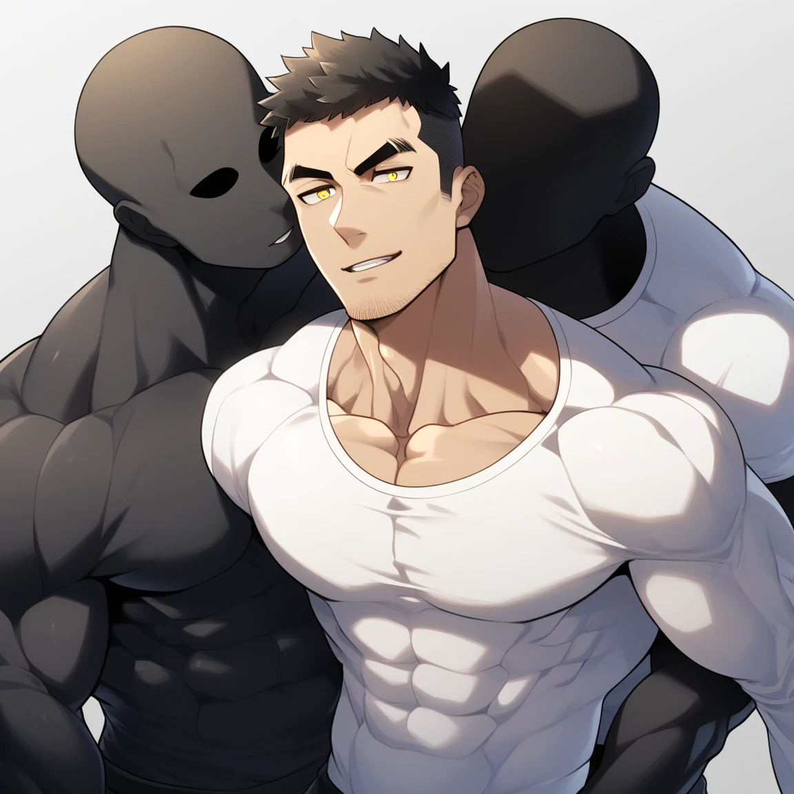 anime characters:Two superheroes in tights, Muscle Sports Student and Muscle No Face No Eyes skinhead superhero, No Face,negro black skin, They hugged and kissed each other, Bite your neck, Caress, Manliness, male focus, Yellow and black high collar long sleeve tight T-shirt, Slightly transparent material, Very tight, Round, full and perky chest muscles, Muscle waist, Slightly transparent, muscular male, muscular, only, Upper body, alone, Black short hair, Thick eyebrows, stubble, Yellow eyes, Grey background, simple background, amazing quality, best aesthetics, Ridiculous, bright pupils, crew cut, parted lips, seductive smile, torogao, naughty face, drop shadow, best quality