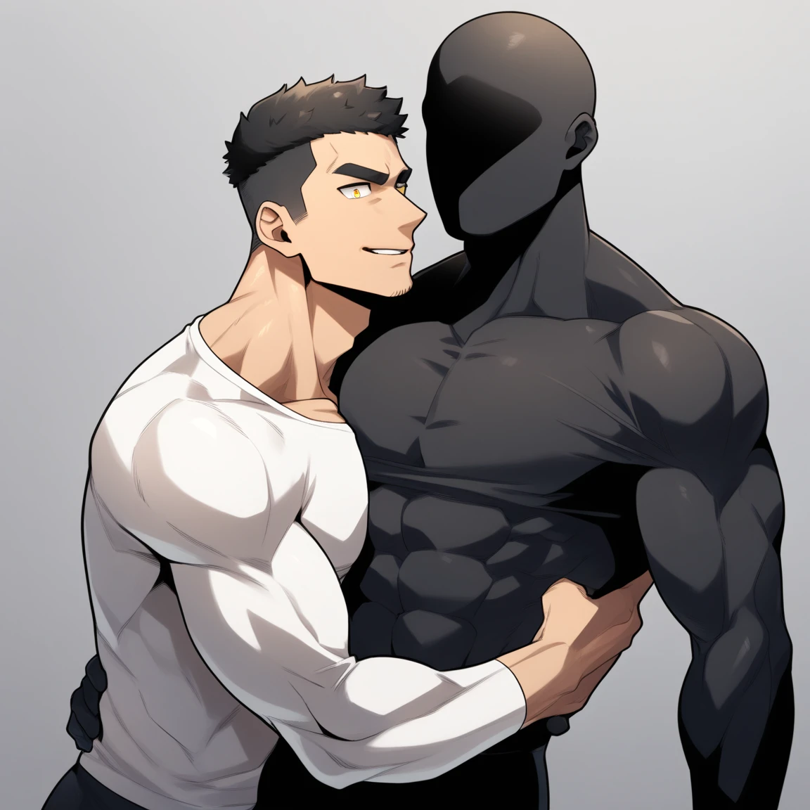 anime characters：Two superheroes in tights, Muscle Sports Student and Muscle No Face No Eyes skinhead superhero, No Face，negro black skin, They hugged and kissed each other, Bite your neck, Caress, Manliness, male focus, Yellow and black high collar long sleeve tight T-shirt, Slightly transparent material, Very tight, Round, full and perky chest muscles, Muscle waist, Slightly transparent, muscular male, muscular, only, Upper body, alone, Black short hair, Thick eyebrows, stubble, Yellow eyes, Grey background, simple background, amazing quality, best aesthetics, Ridiculous, bright pupils, crew cut, parted lips, seductive smile, torogao, naughty face, drop shadow, best quality