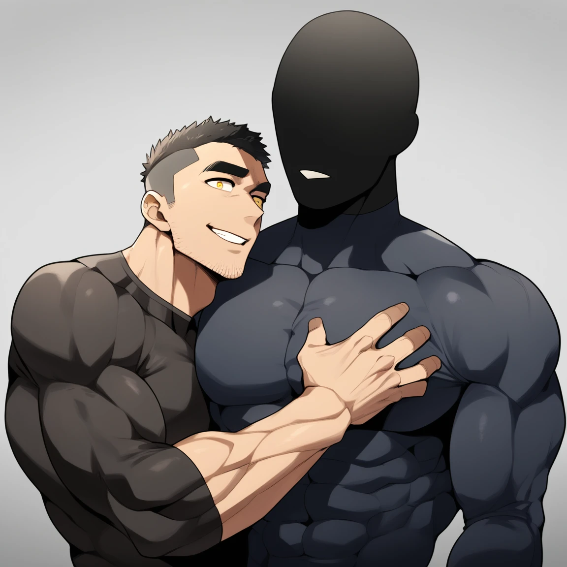 anime characters:Two superheroes in tights, Muscle Sports Student and Muscle No Face No Eyes skinhead superhero, No Face,negro black skin, They hugged and kissed each other, Bite your neck, Caress, Manliness, male focus, Yellow and black high collar long sleeve tight T-shirt, Slightly transparent material, Very tight, Round, full and perky chest muscles, Muscle waist, Slightly transparent, muscular male, muscular, only, Upper body, alone, Black short hair, Thick eyebrows, stubble, Yellow eyes, Grey background, simple background, amazing quality, best aesthetics, Ridiculous, bright pupils, crew cut, parted lips, seductive smile, torogao, naughty face, drop shadow, best quality