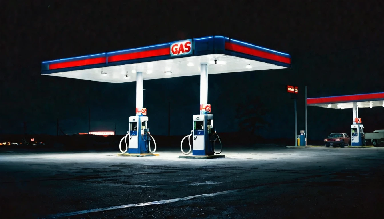 first person view, arriving at lonely gas station, dark night, ominous