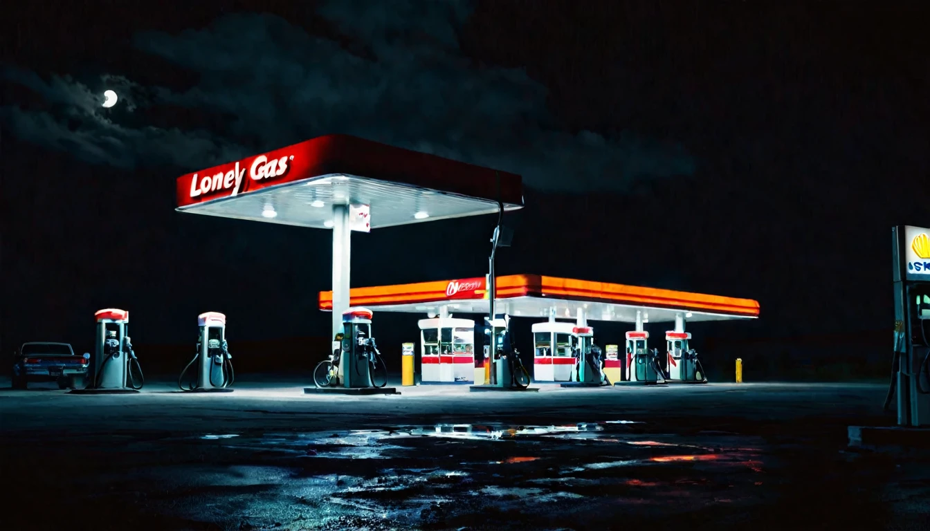 first person view, arriving at lonely gas station, dark night, ominous