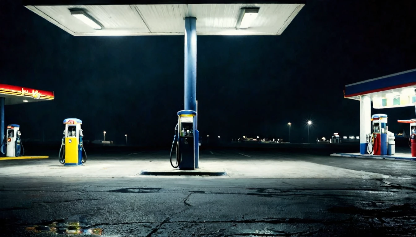 first person view, arriving at lonely gas station, dark night, ominous