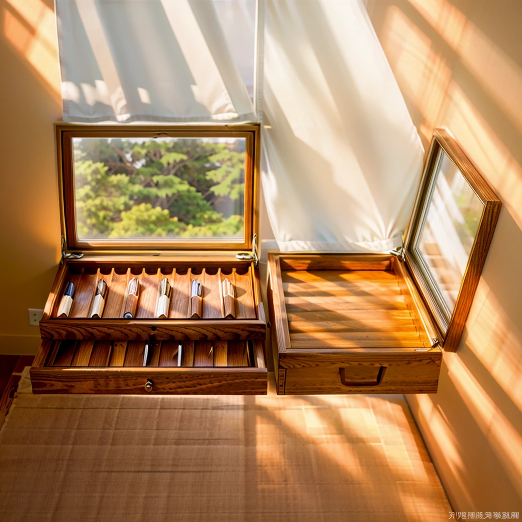 In this cozy room,A ray of sunlight shone through the half-drawn curtains on the table,Let the wood grain on the watch storage box shine with a faint luster。There was a calm and peaceful atmosphere in the air around them。There are several still lifes hanging on the walls of the room,It adds a touch of elegance to the space。And on the other side of the room,The half-open window lets in the breeze,The pages on the small desk by the window turned in the wind,This quiet scene gives a sense of tranquility and comfort。